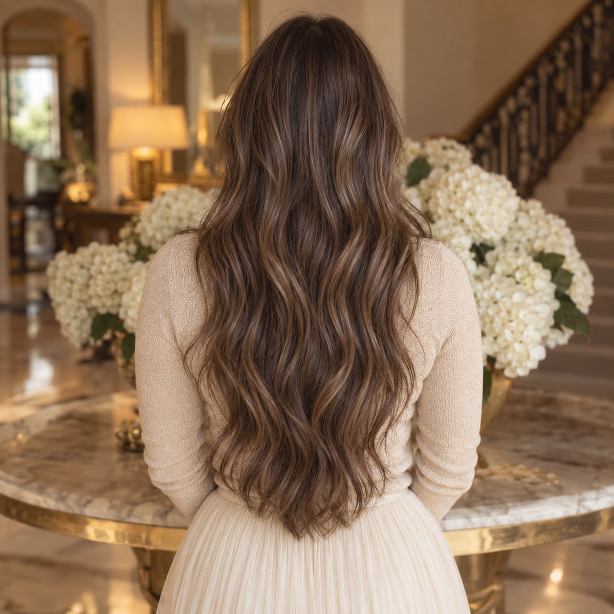 #4 Light Ash Brown 24 inch clip-in hair extensions worn, back view showing full length and volume - Sandy Bella