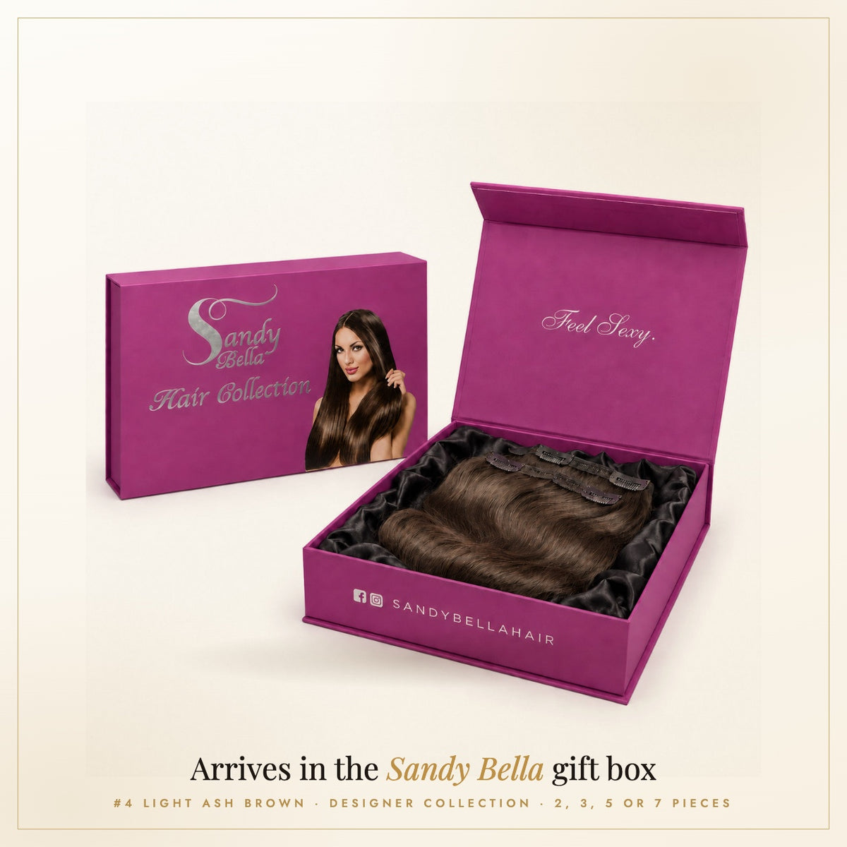 Sandy Bella #4 Light Ash Brown Designer Collection handmade clip-in hair extensions in the signature gift box