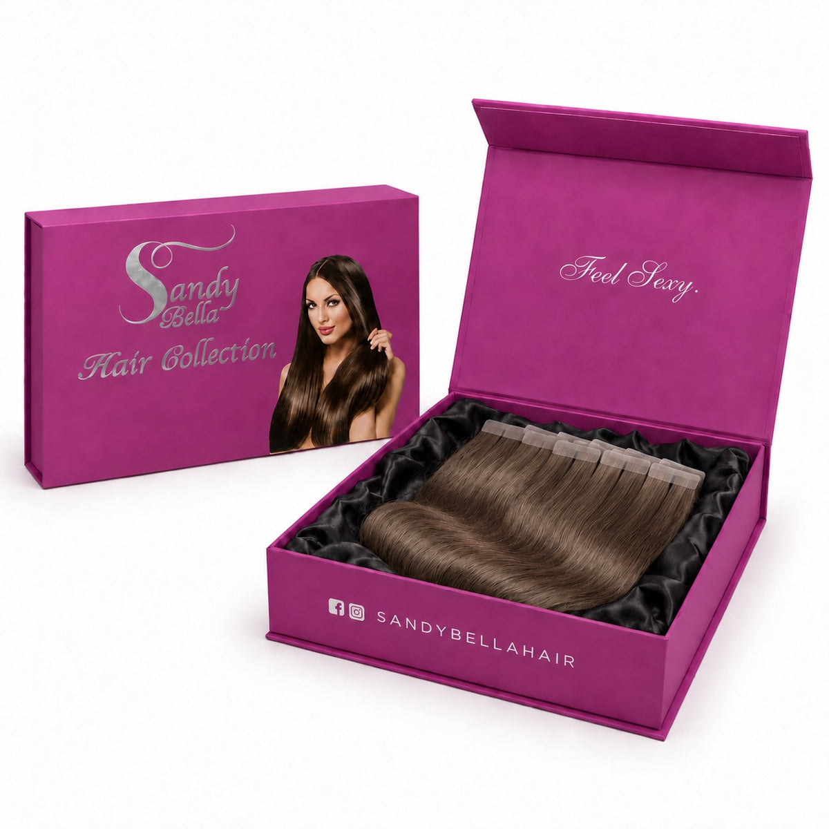 Sandy Bella #4 Light Ash Brown tape-in hair extensions in the signature magenta gift box with satin lining