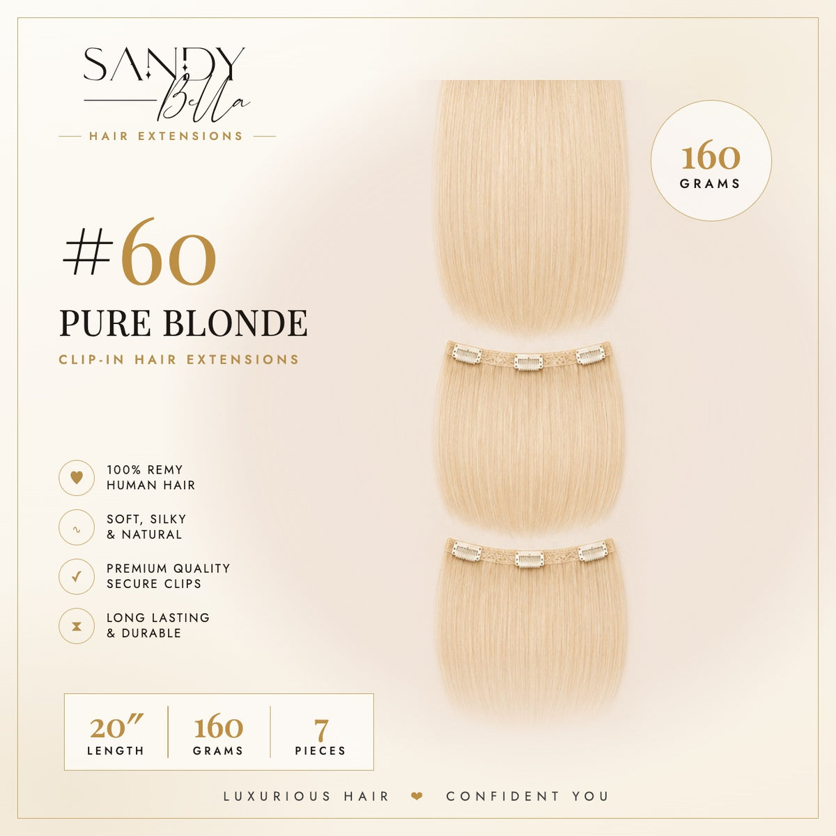 #60 Pure Blonde 20" Clip-in Hair Extensions 160 Grams 7 pieces - Sandy Bella product card with clips detail