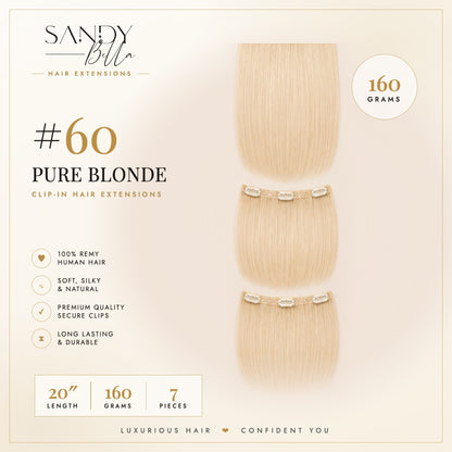 #60 Pure Blonde 20" Clip-in Hair Extensions 160 Grams 7 pieces - Sandy Bella product card with clips detail