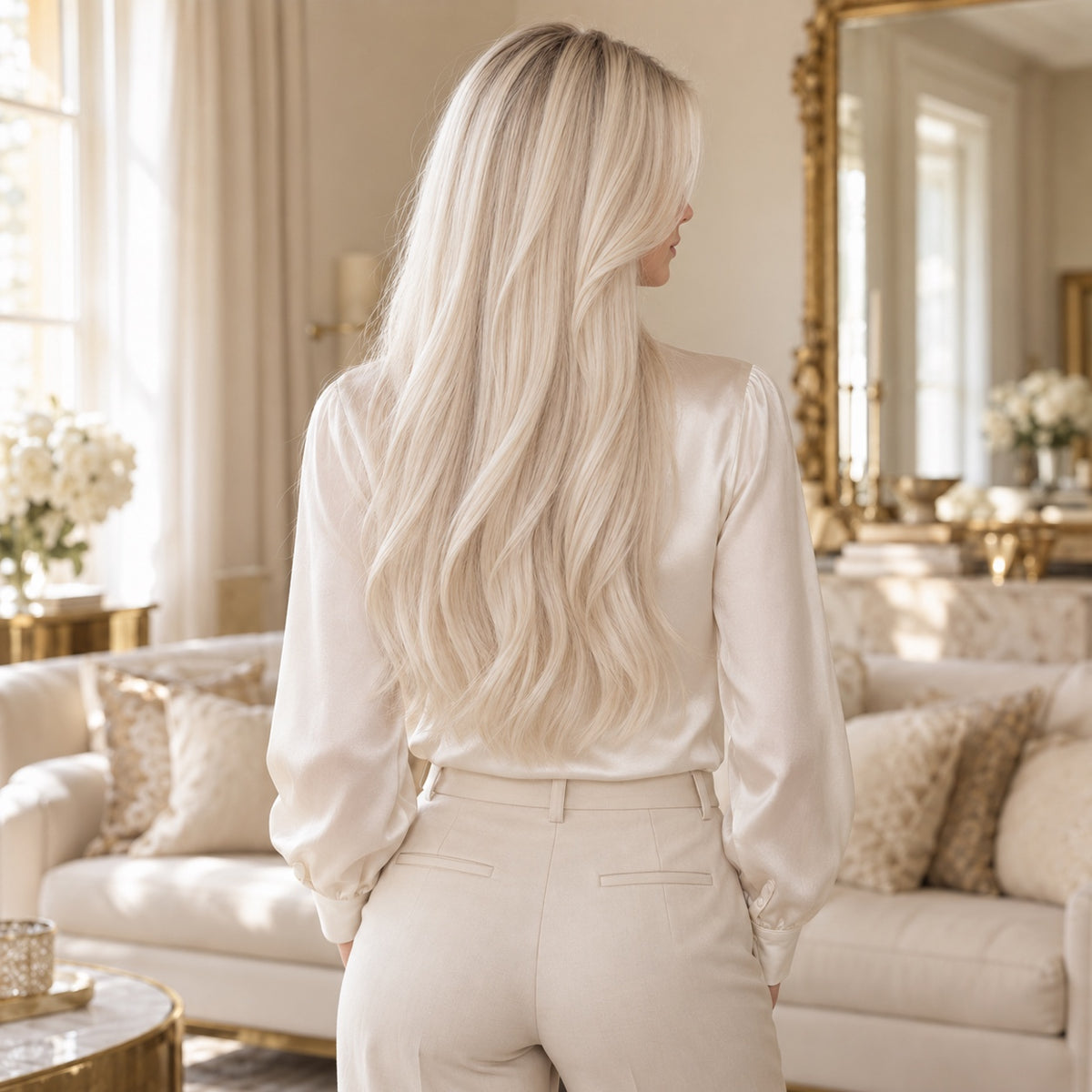 #60 Pure Blonde 20 inch clip-in hair extensions worn, back view showing full length and volume - Sandy Bella