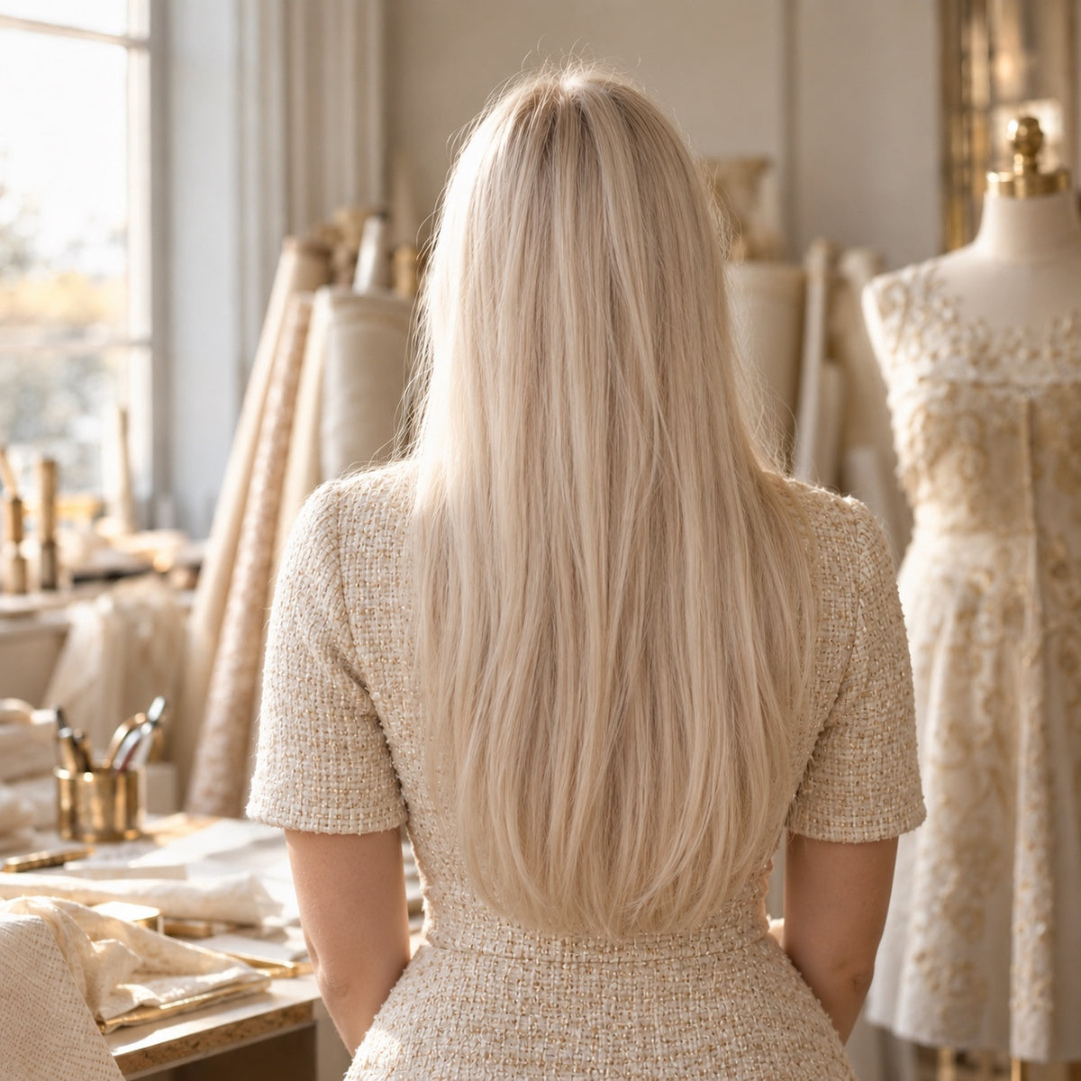 #60 Pure Blonde 20 inch clip-in hair extensions worn, back view showing full length and volume - Sandy Bella