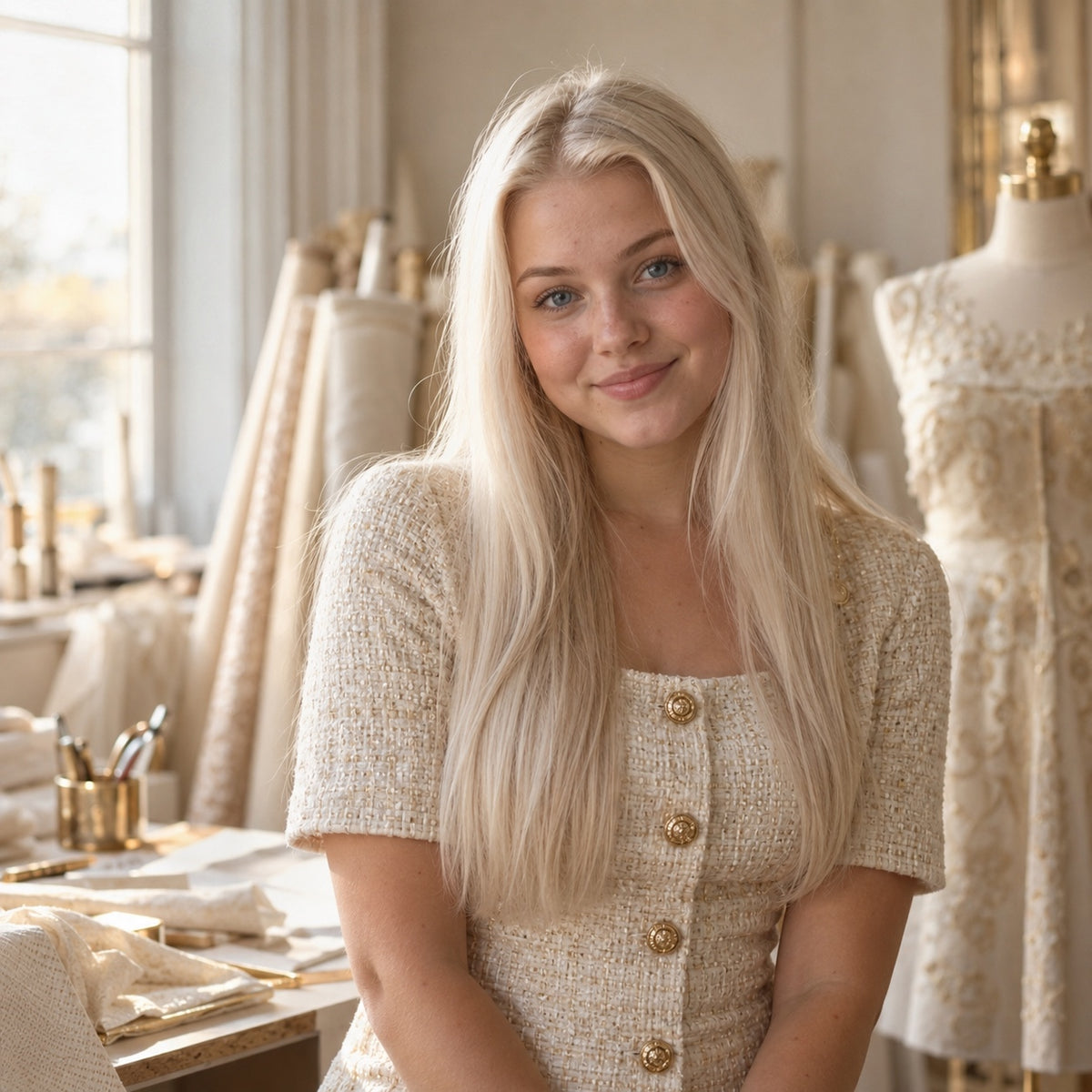 Model wearing #60 Pure Blonde 20 inch clip-in hair extensions, front view - Sandy Bella