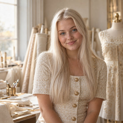 Model wearing #60 Pure Blonde 20 inch clip-in hair extensions, front view - Sandy Bella