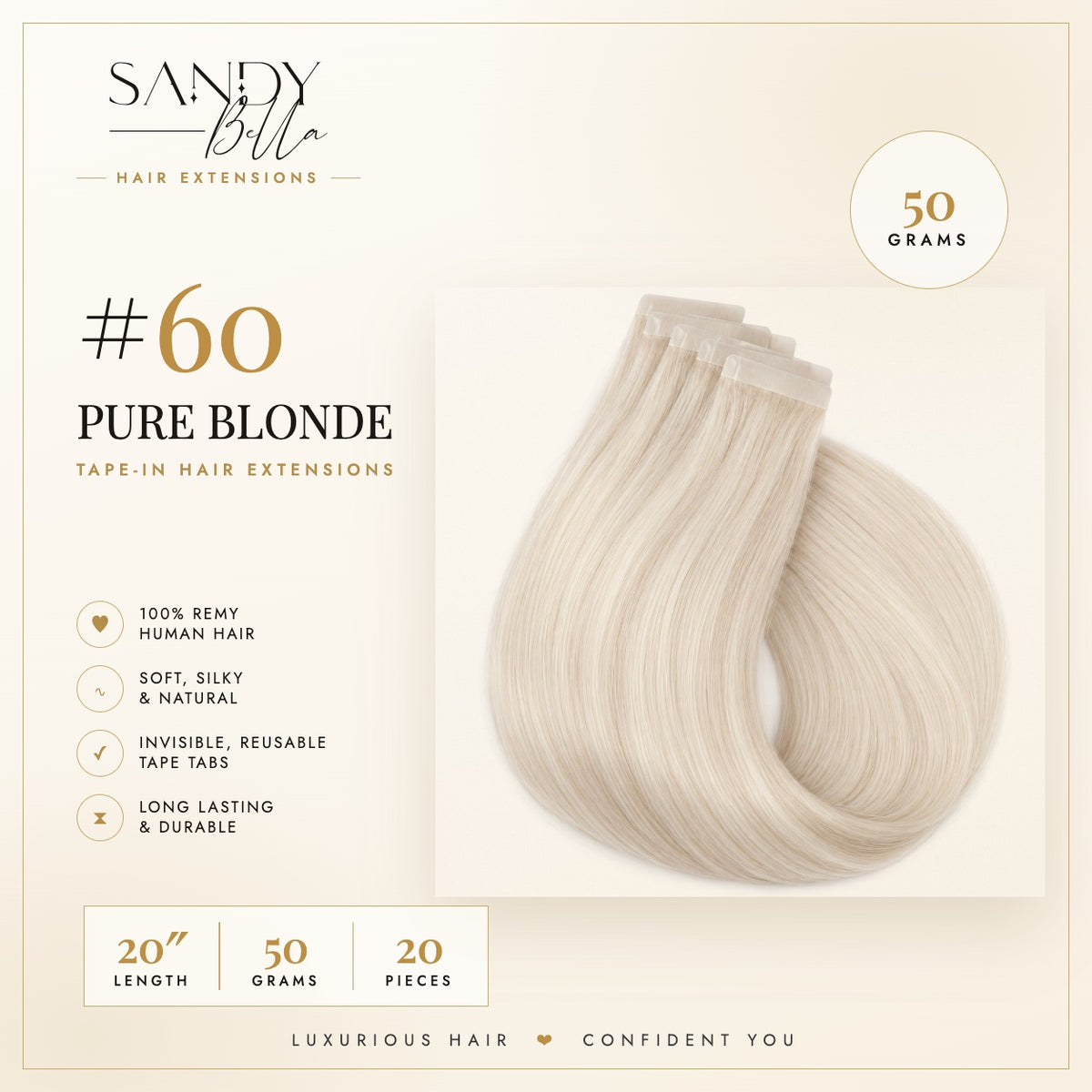 #60 Pure Blonde 20 inch tape-in hair extensions product card: 50 grams, 20 pieces, 100% Remy human hair - Sandy Bella