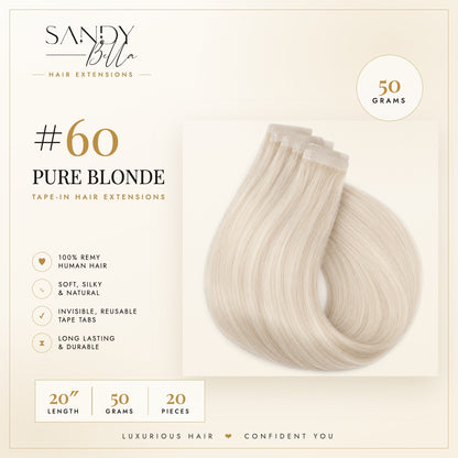 #60 Pure Blonde 20 inch tape-in hair extensions product card: 50 grams, 20 pieces, 100% Remy human hair - Sandy Bella