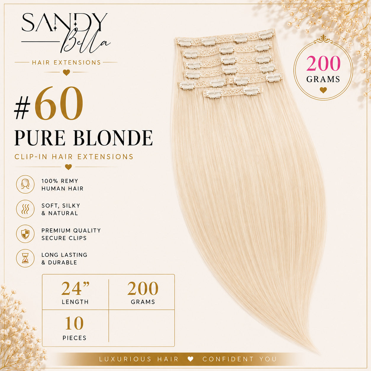 #60 Pure Blonde 24" Clip-in Hair Extensions 200 Grams 10 pieces - Sandy Bella product card with clips detail