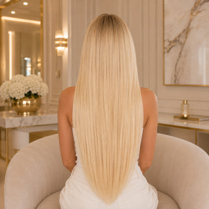 #60 Pure Blonde 24 inch clip-in hair extensions worn, back view showing full length and volume - Sandy Bella