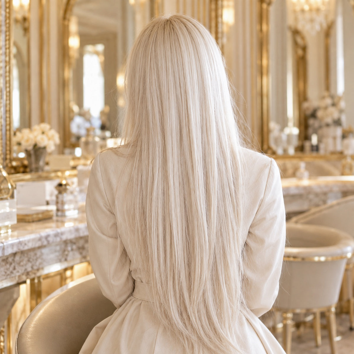 #60 Pure Blonde 24 inch clip-in hair extensions worn, back view showing full length and volume - Sandy Bella