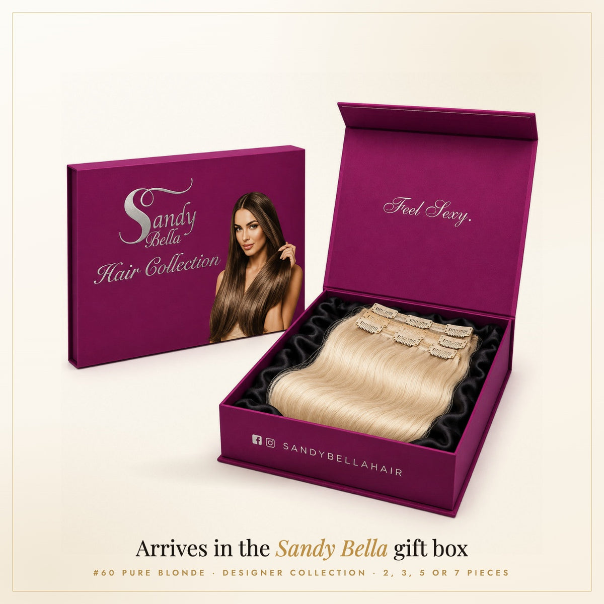 Sandy Bella #60 Pure Blonde Designer Collection handmade clip-in hair extensions in the signature gift box