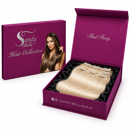 Sandy Bella #60 Pure Blonde clip-in hair extensions luxury packaging box