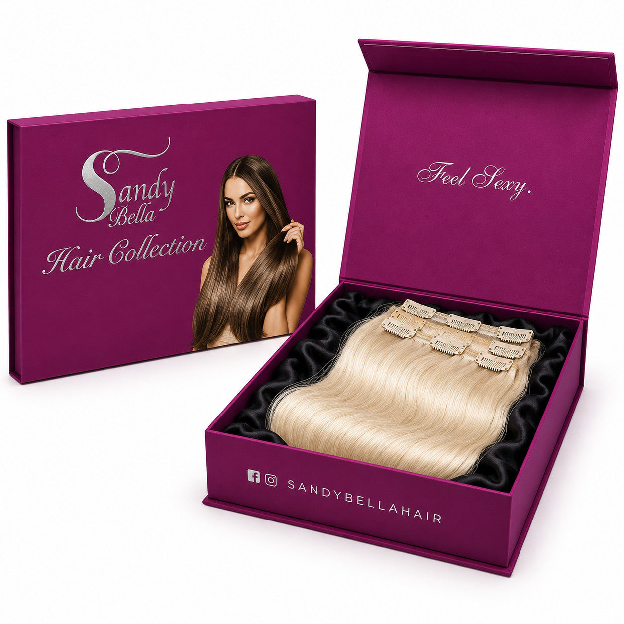 Sandy Bella #60 Pure Blonde clip-in hair extensions luxury packaging box