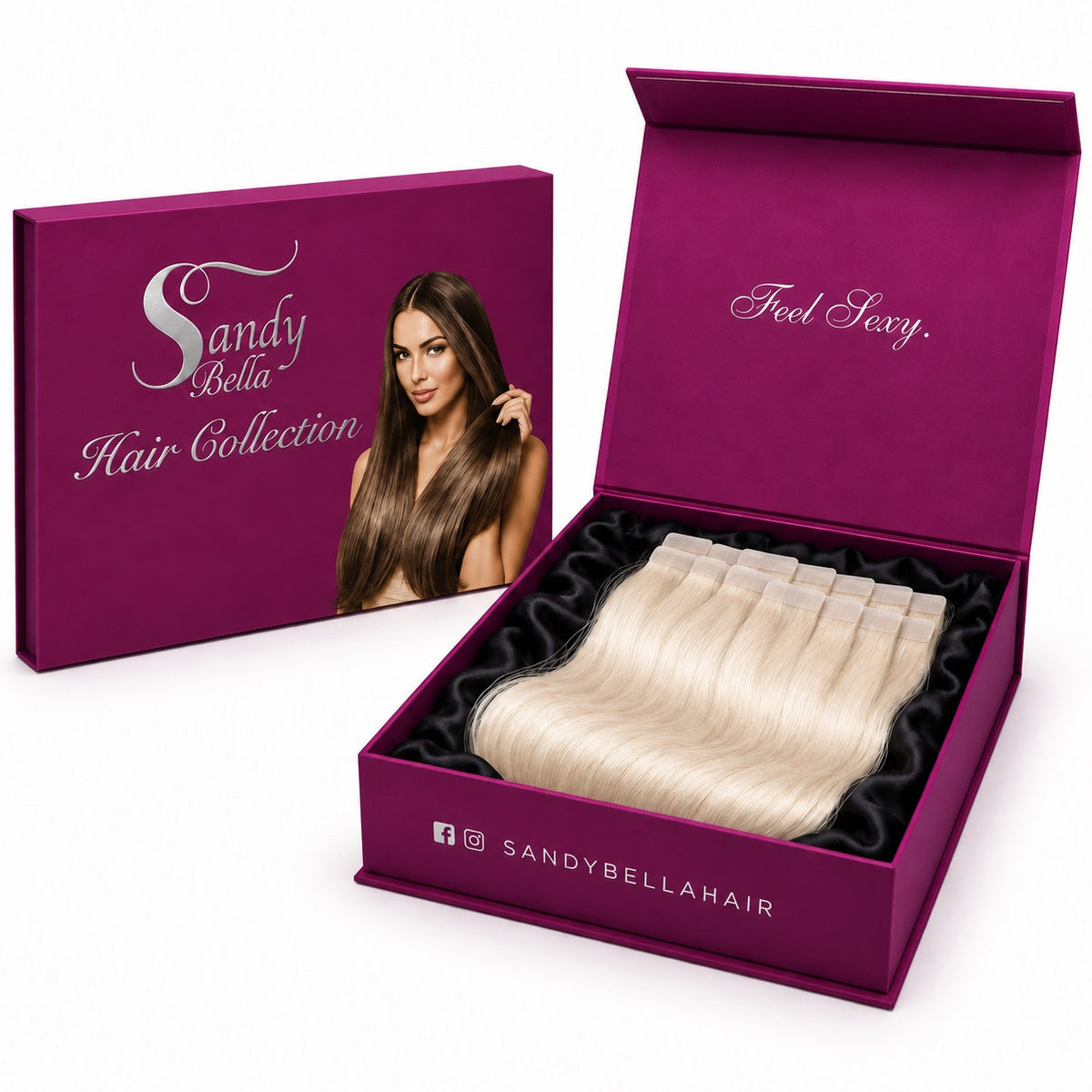 Sandy Bella #60 Pure Blonde tape-in hair extensions in the signature magenta gift box with satin lining