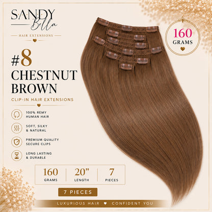 #8 Chestnut Brown 20" Clip-in Hair Extensions 160 Grams 7 pieces - Sandy Bella product card with clips detail