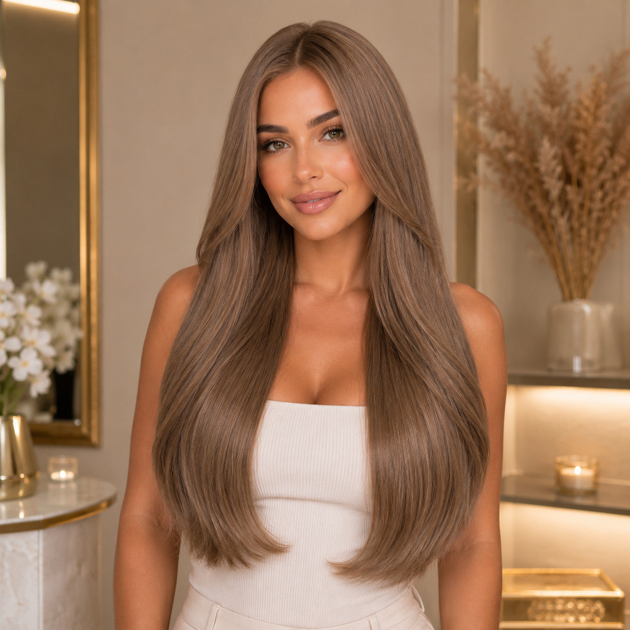 Model wearing #8 Chestnut Brown 20 inch clip-in hair extensions, front view - Sandy Bella