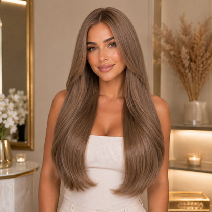 Model wearing #8 Chestnut Brown 20 inch clip-in hair extensions, front view - Sandy Bella