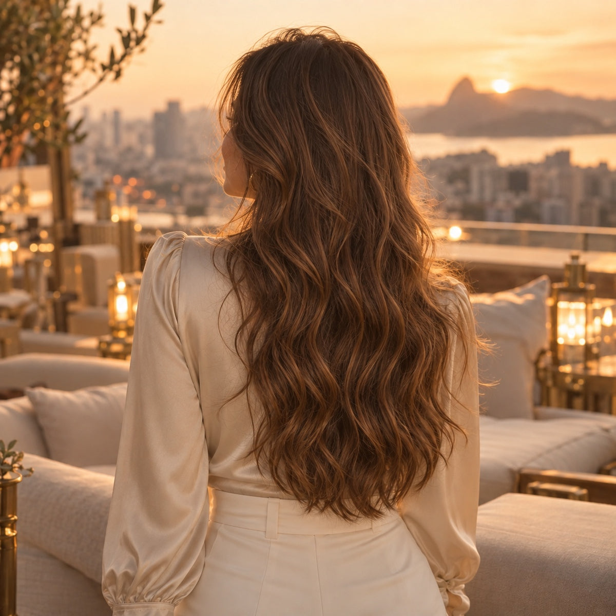 #8 Chestnut Brown 20 inch clip-in hair extensions worn, back view showing full length and volume - Sandy Bella