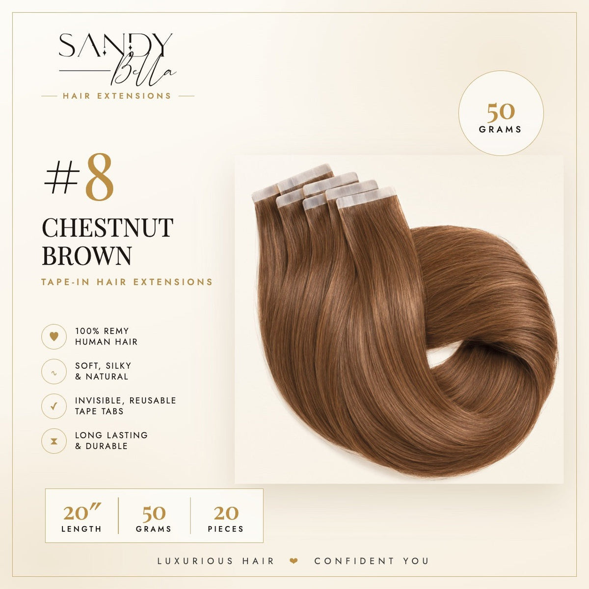 #8 Chestnut Brown 20 inch tape-in hair extensions product card: 50 grams, 20 pieces, 100% Remy human hair - Sandy Bella