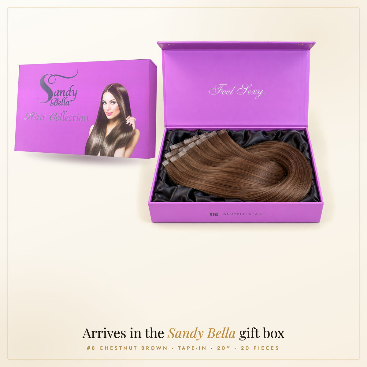 Sandy Bella gift box — #8 Chestnut Brown 20" Tape-in (50 Grams)