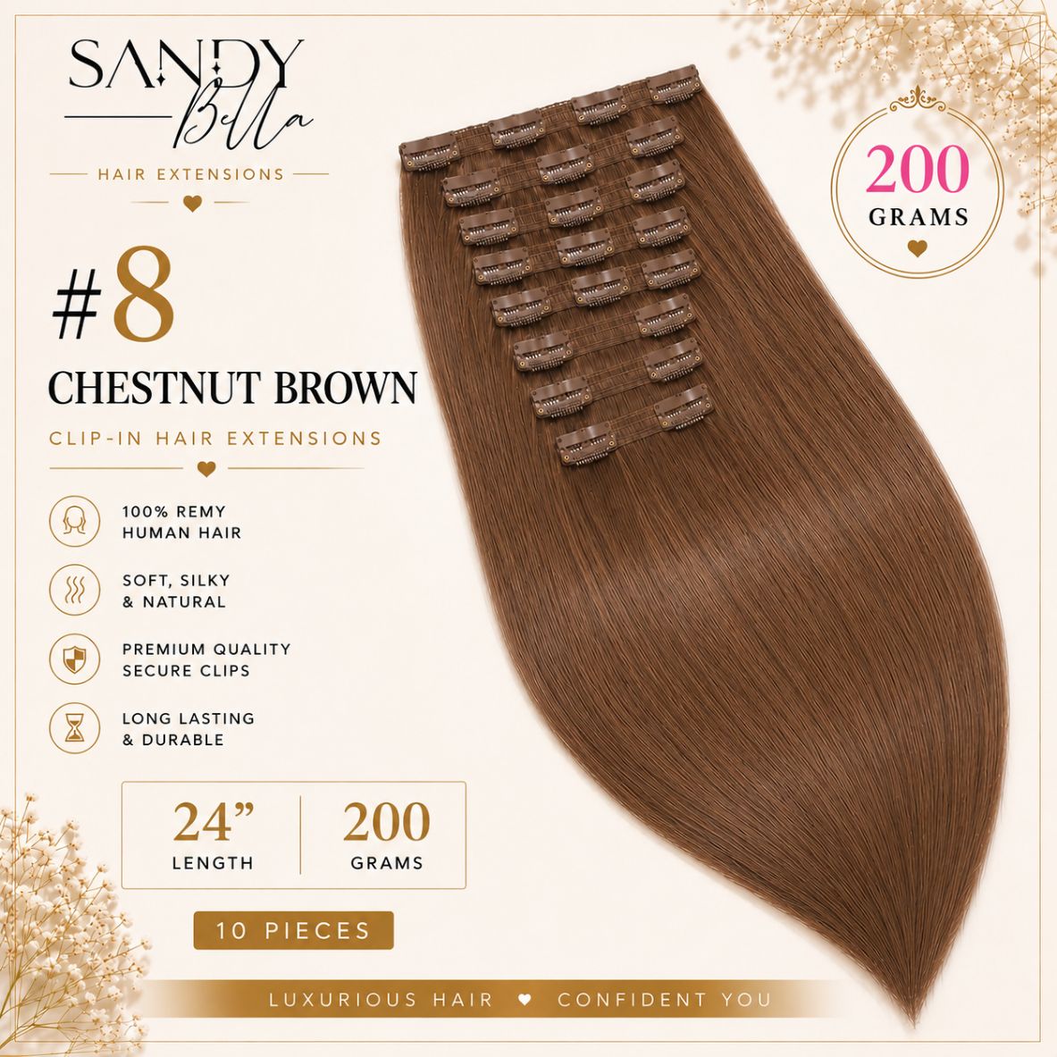 #8 Chestnut Brown 24" Clip-in Hair Extensions 200 Grams 10 pieces - Sandy Bella product card with clips detail