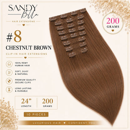 #8 Chestnut Brown 24" Clip-in Hair Extensions 200 Grams 10 pieces - Sandy Bella product card with clips detail