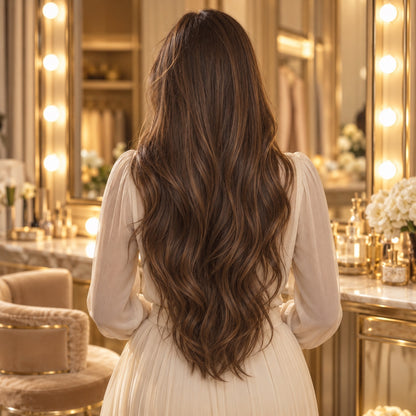 #8 Chestnut Brown 24 inch clip-in hair extensions worn, back view showing full length and volume - Sandy Bella