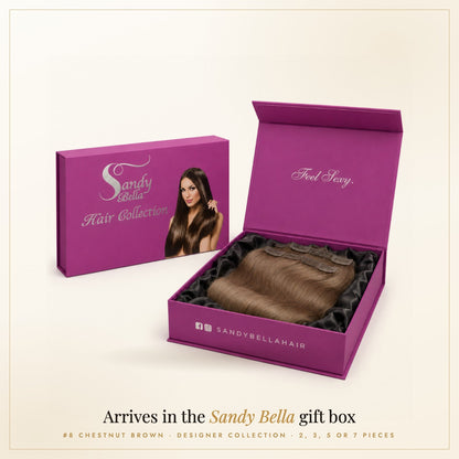 Sandy Bella #8 Chestnut Brown Designer Collection handmade clip-in hair extensions in the signature gift box