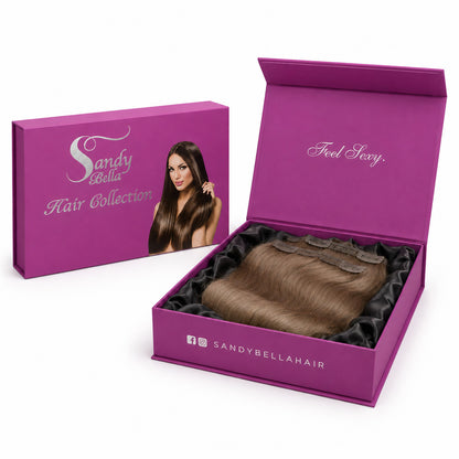 Sandy Bella #8 Chestnut Brown clip-in hair extensions luxury packaging box