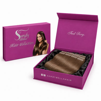 Sandy Bella #8 Chestnut Brown tape-in hair extensions in the signature magenta gift box with satin lining
