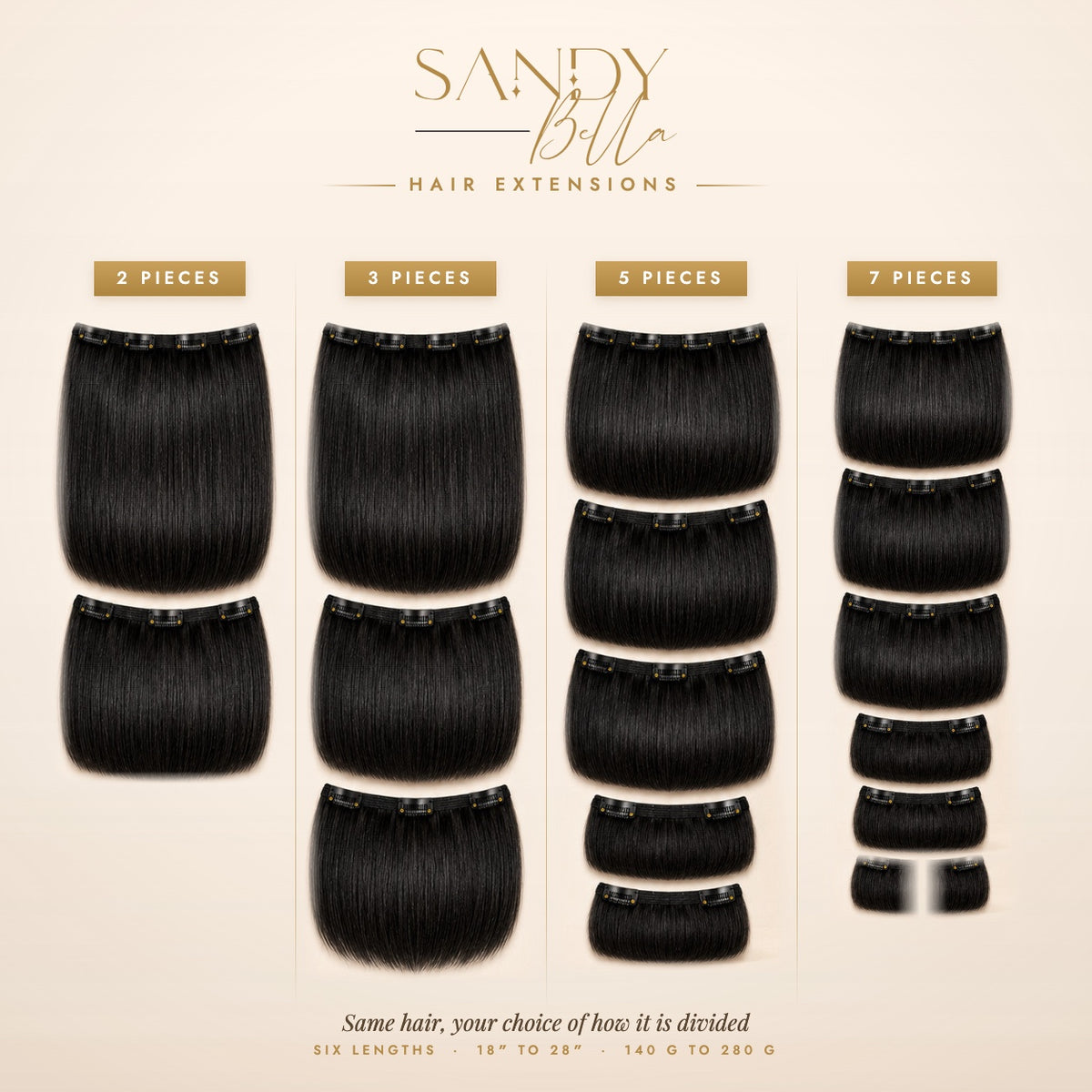#1 Black Designer Collection clip-in hair extensions — 2, 3, 5 and 7 piece set options — Sandy Bella