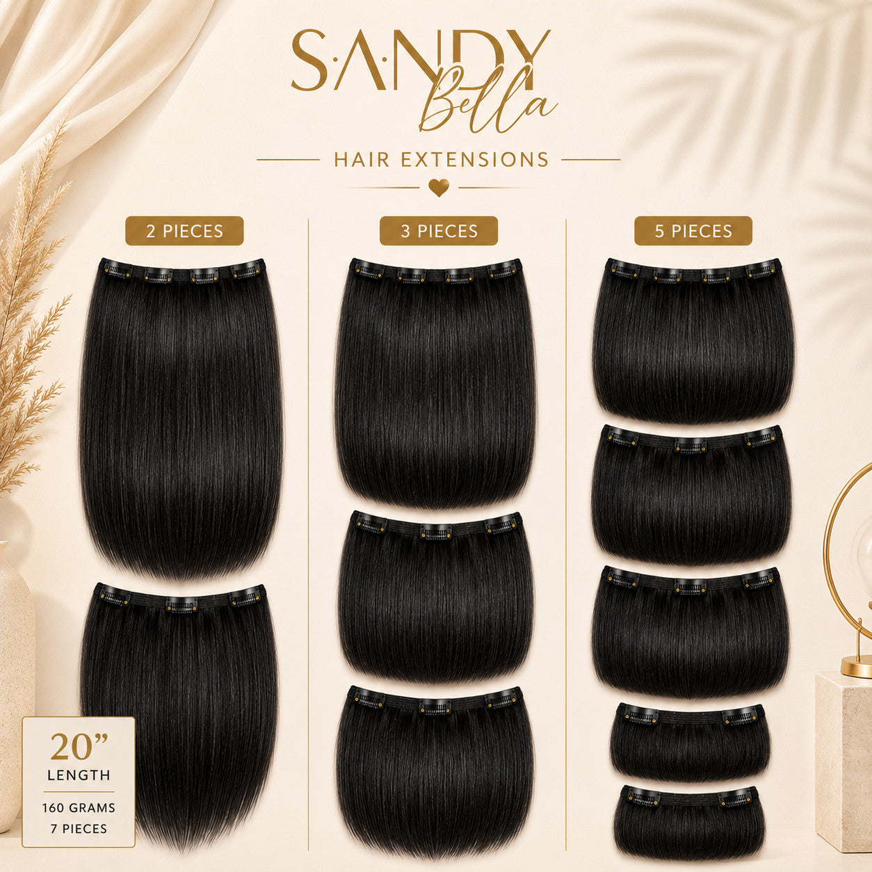 #1 Black clip-in hair extensions — 2, 3 and 5 piece set options — Sandy Bella Designer Collection