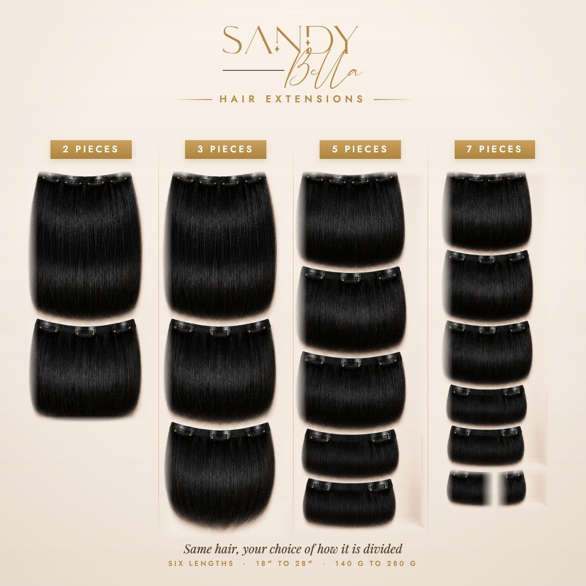 #1 Natural Black Designer Collection clip-in hair extensions — 2, 3, 5 and 7 piece set options — Sandy Bella