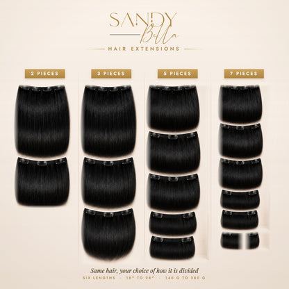 #1 Natural Black Designer Collection clip-in hair extensions — 2, 3, 5 and 7 piece set options — Sandy Bella