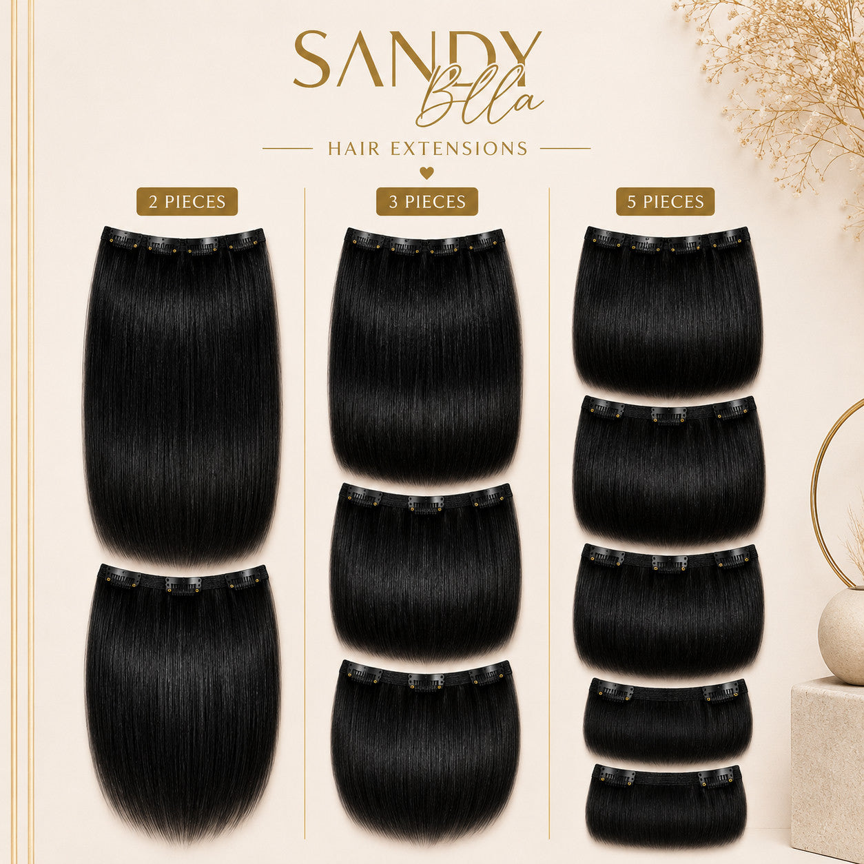 #1 Natural Black clip-in hair extensions — 2, 3 and 5 piece set options — Sandy Bella Designer Collection