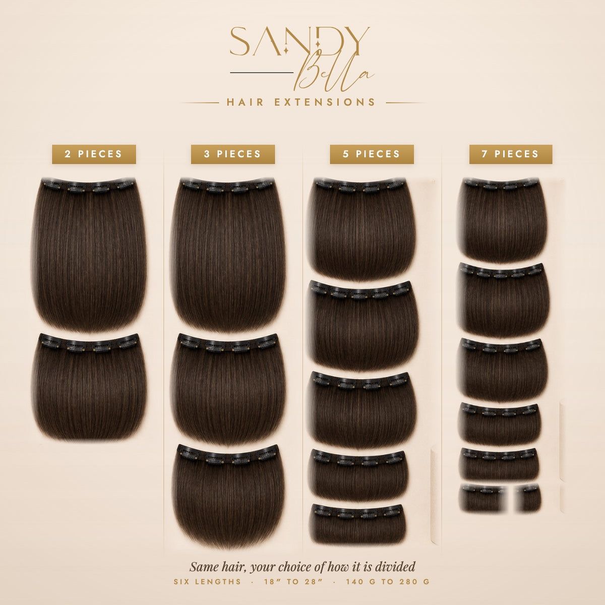 #2 Medium Ash Brown Designer Collection clip-in hair extensions — 2, 3, 5 and 7 piece set options — Sandy Bella