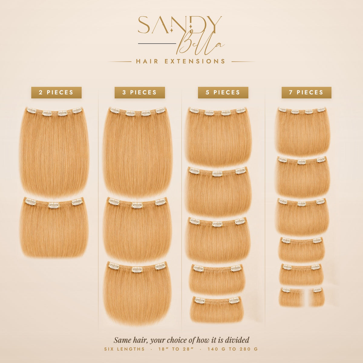 #27 Honey Blonde Designer Collection clip-in hair extensions — 2, 3, 5 and 7 piece set options — Sandy Bella
