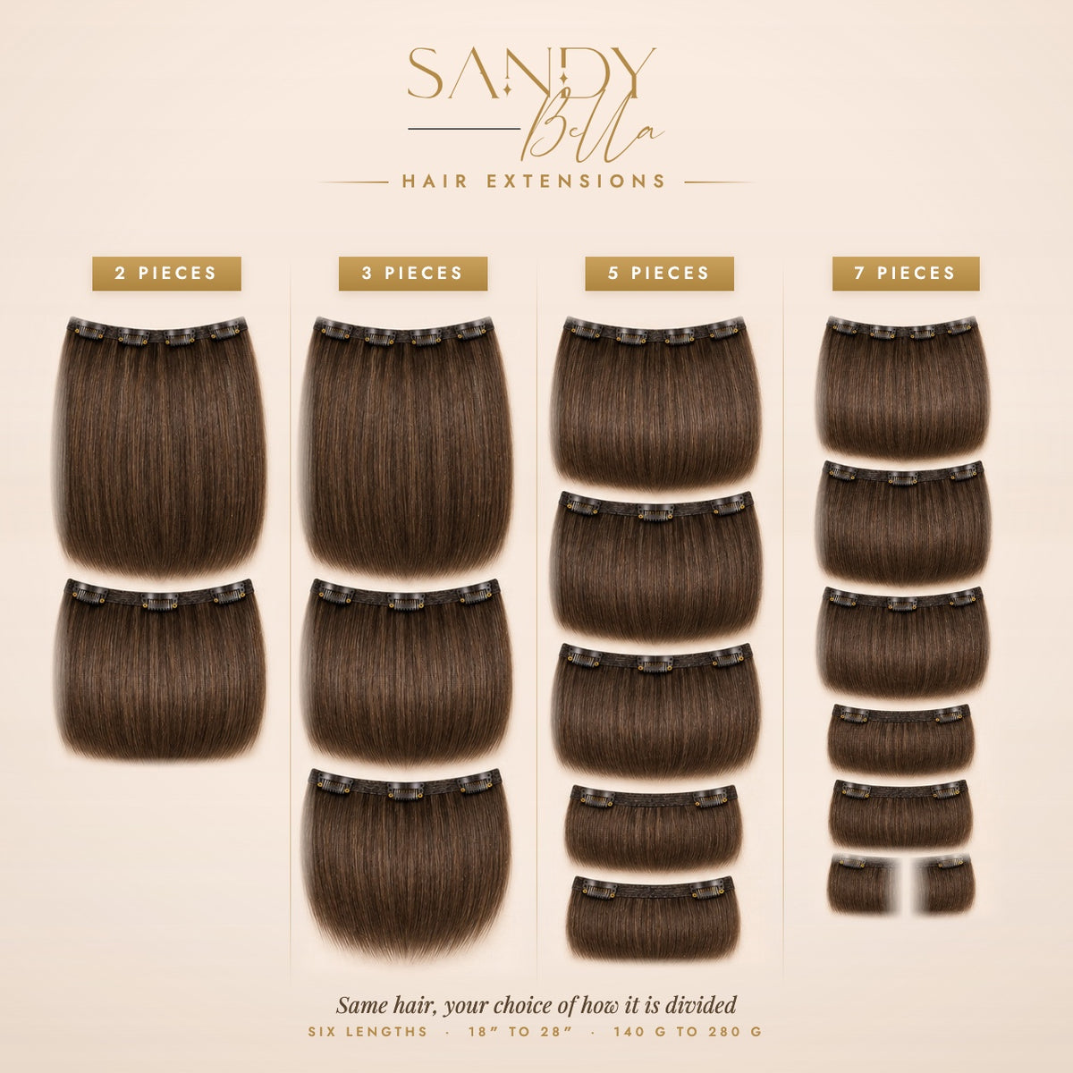 #4 Light Ash Brown Designer Collection clip-in hair extensions — 2, 3, 5 and 7 piece set options — Sandy Bella