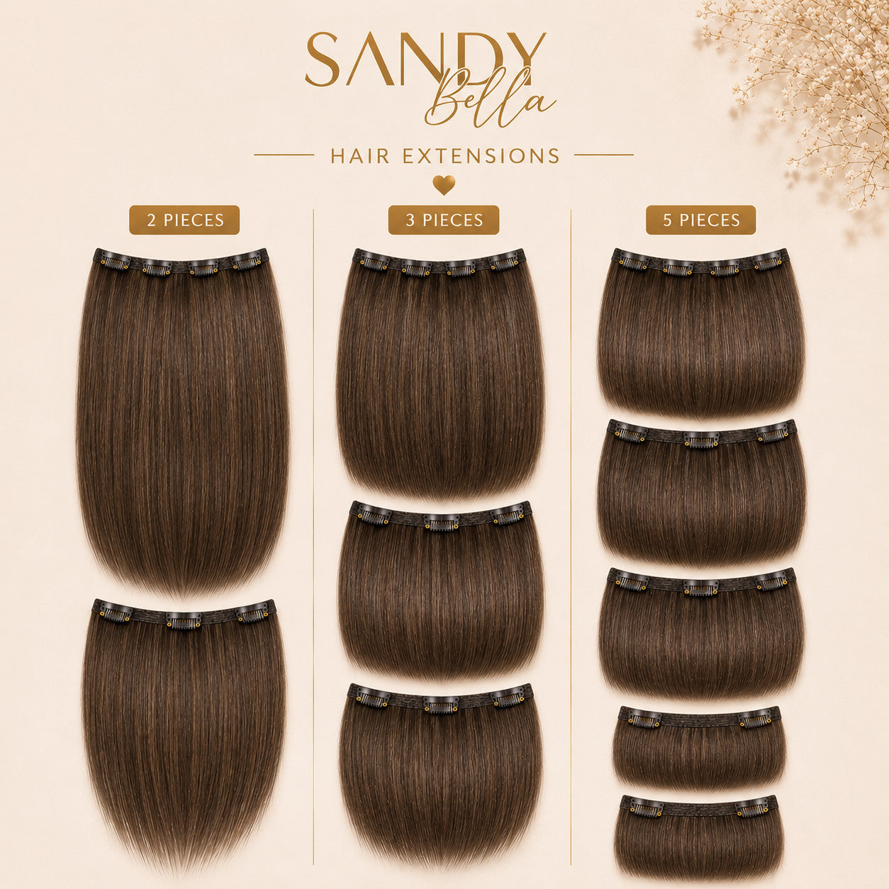 #4 Light Ash Brown clip-in hair extensions — 2, 3 and 5 piece set options — Sandy Bella Designer Collection