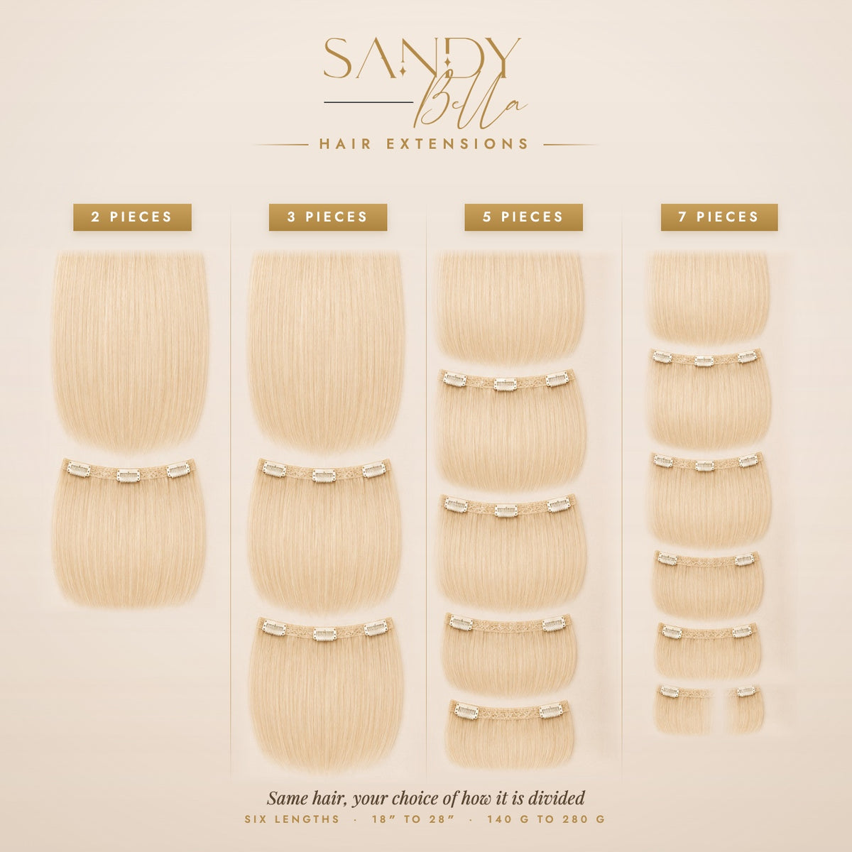 #60 Pure Blonde Designer Collection clip-in hair extensions — 2, 3, 5 and 7 piece set options — Sandy Bella