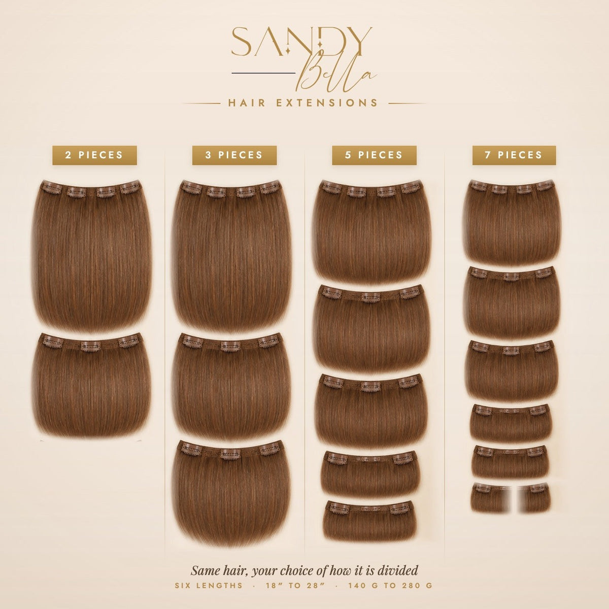 #8 Chestnut Brown Designer Collection clip-in hair extensions — 2, 3, 5 and 7 piece set options — Sandy Bella