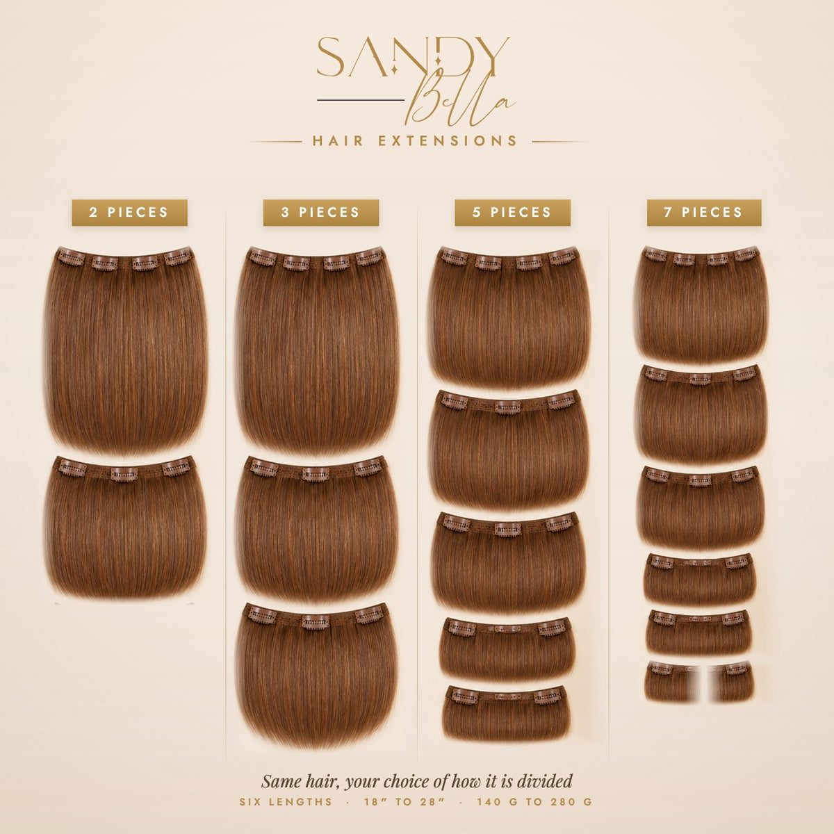 #8 Chestnut Brown Designer Collection clip-in hair extensions — 2, 3, 5 and 7 piece set options — Sandy Bella