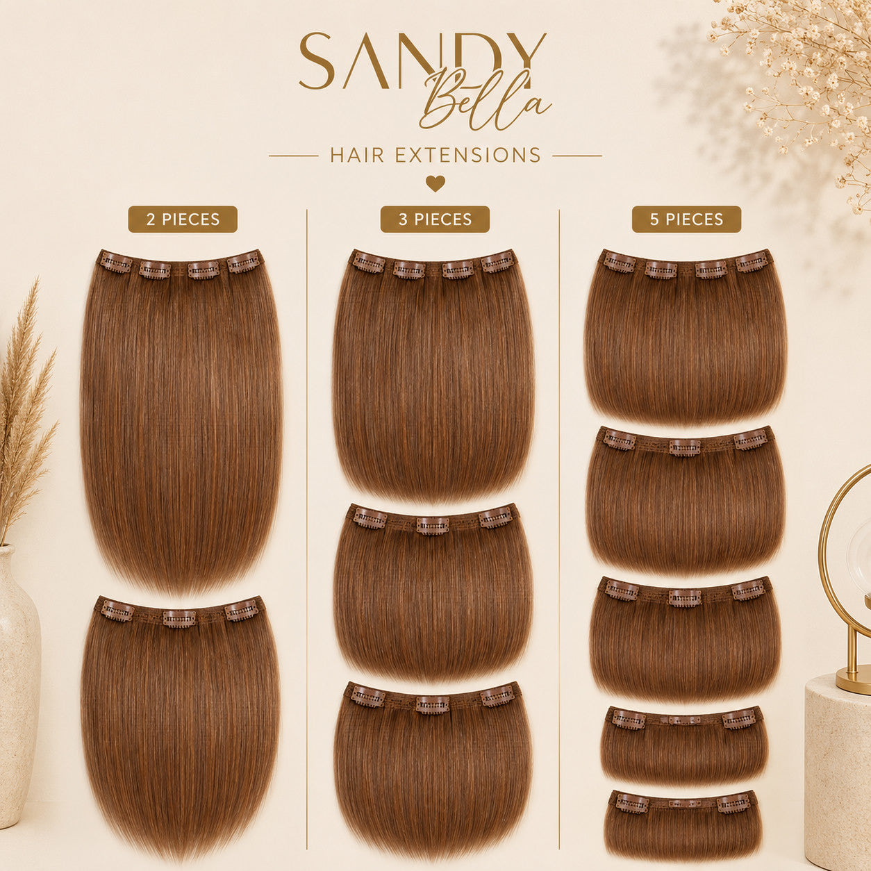 #8 Chestnut Brown clip-in hair extensions — 2, 3 and 5 piece set options — Sandy Bella Designer Collection