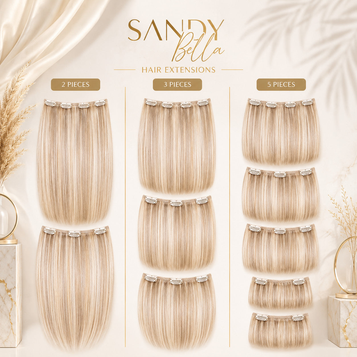 #P8/613 Highlights clip-in hair extensions — 2, 3 and 5 piece set options — Sandy Bella Designer Collection