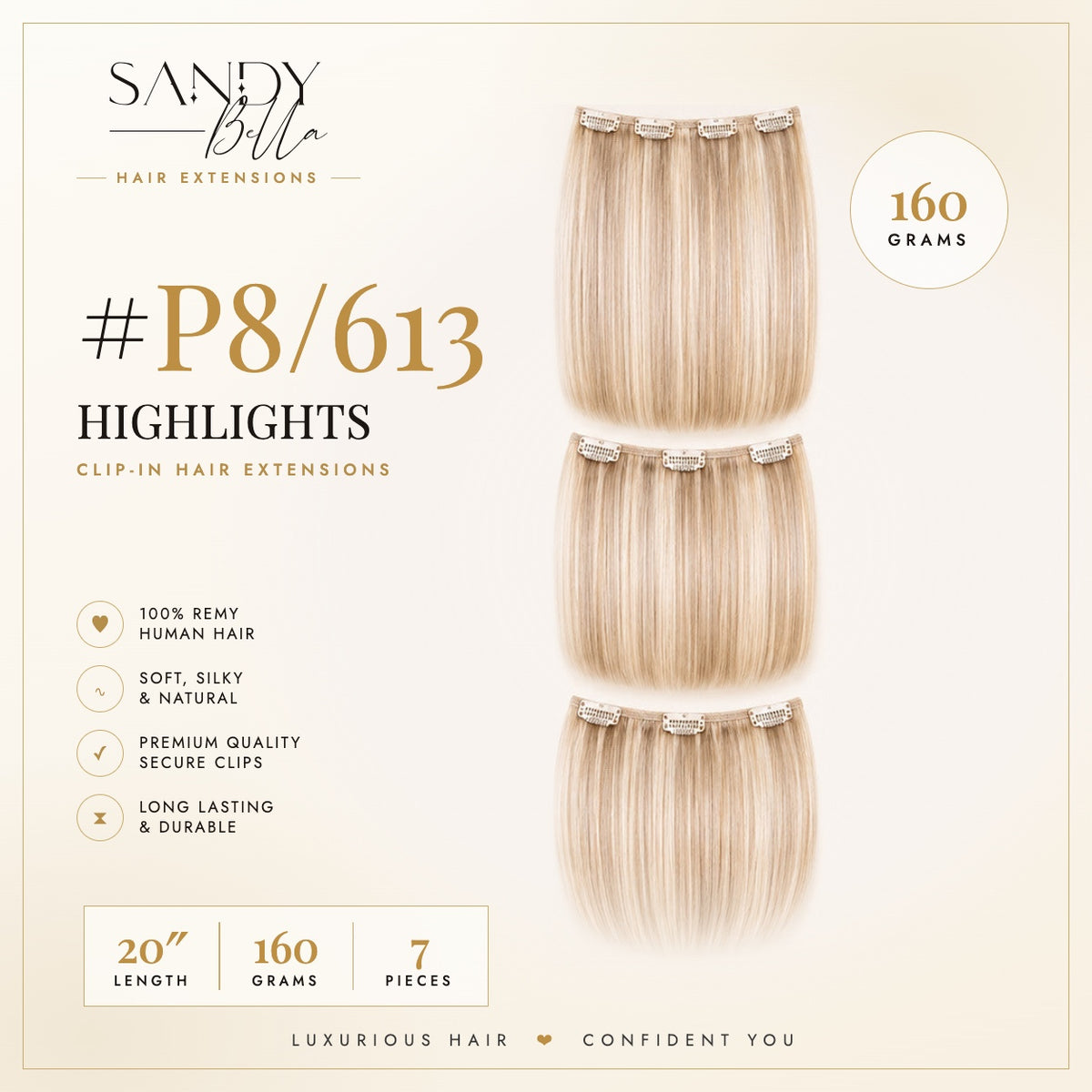 #P8/613 Highlights 20" Clip-in Hair Extensions 160 Grams 7 pieces - Sandy Bella product card with clips detail