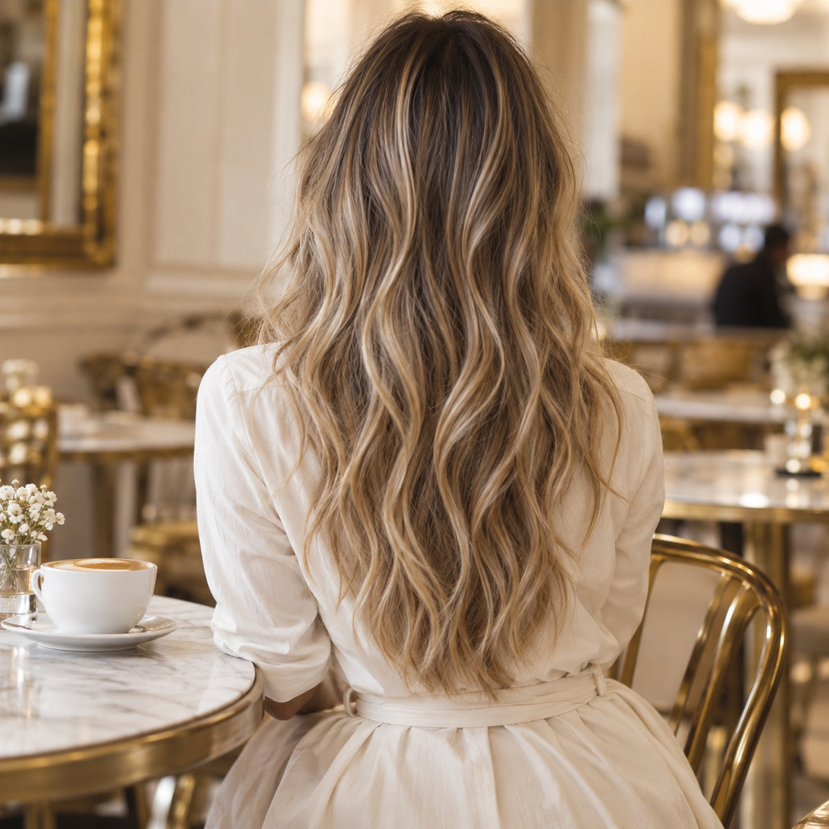 #P8/613 Highlights 20 inch clip-in hair extensions worn, back view showing full length and volume - Sandy Bella