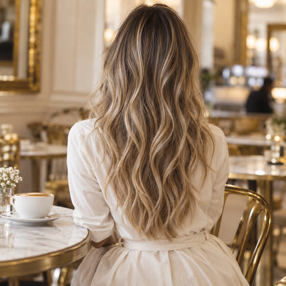 #P8/613 Highlights 20 inch clip-in hair extensions worn, back view showing full length and volume - Sandy Bella