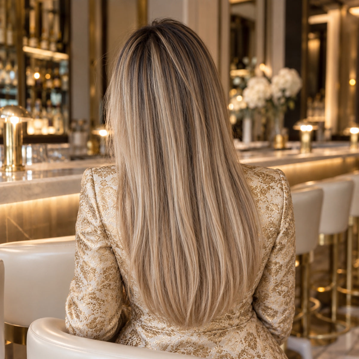 #P8/613 Highlights 20 inch tape-in hair extensions worn, back view showing full length and volume - Sandy Bella