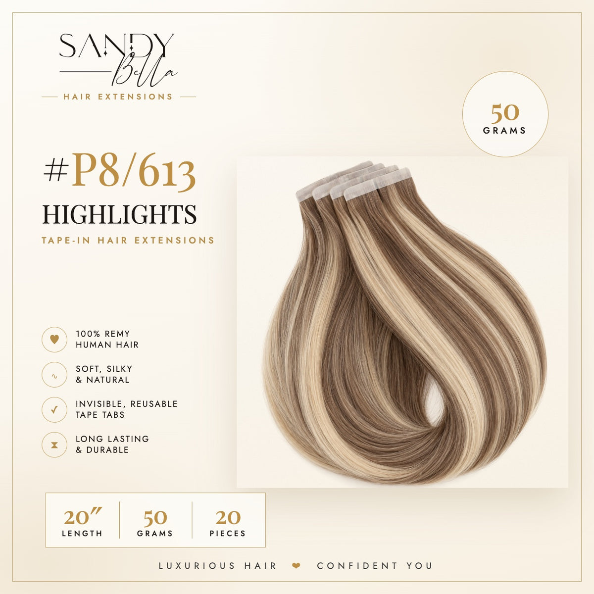 #P8/613 Highlights 20 inch tape-in hair extensions product card: 50 grams, 20 pieces, 100% Remy human hair - Sandy Bella