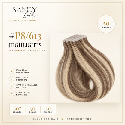 #P8/613 Highlights 20 inch tape-in hair extensions product card: 50 grams, 20 pieces, 100% Remy human hair - Sandy Bella